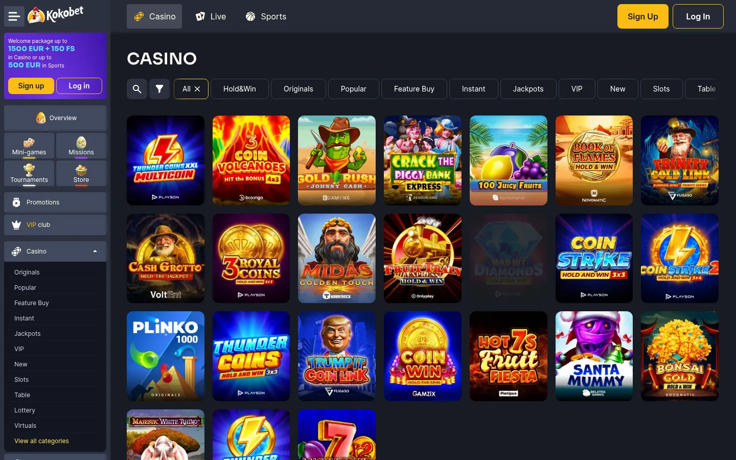 De casinolobby van Kokobet met de spelcategorieën