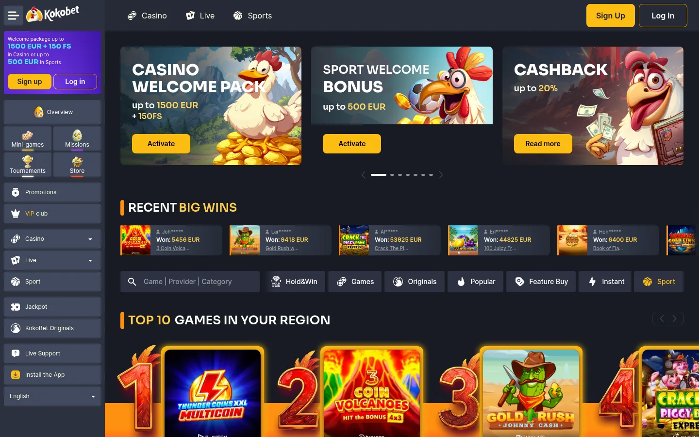De startpagina van Kokobet met het welkomstaanbod en de spellen